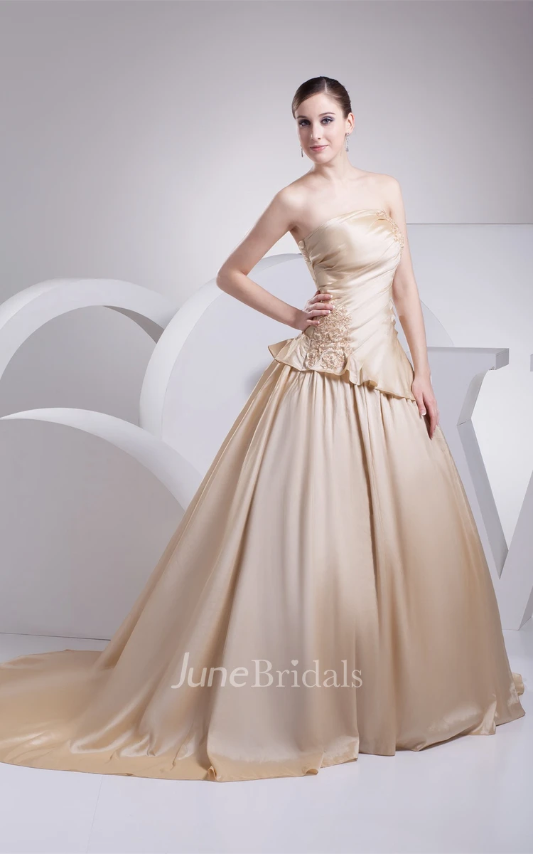 Strapless Pleated A-Line Gown with Ruching and Appliques