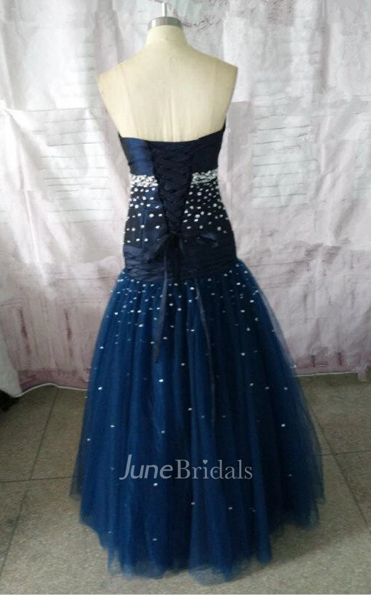 Strapless Tulle&Taffeta Dress With Beading And Lace Up Back