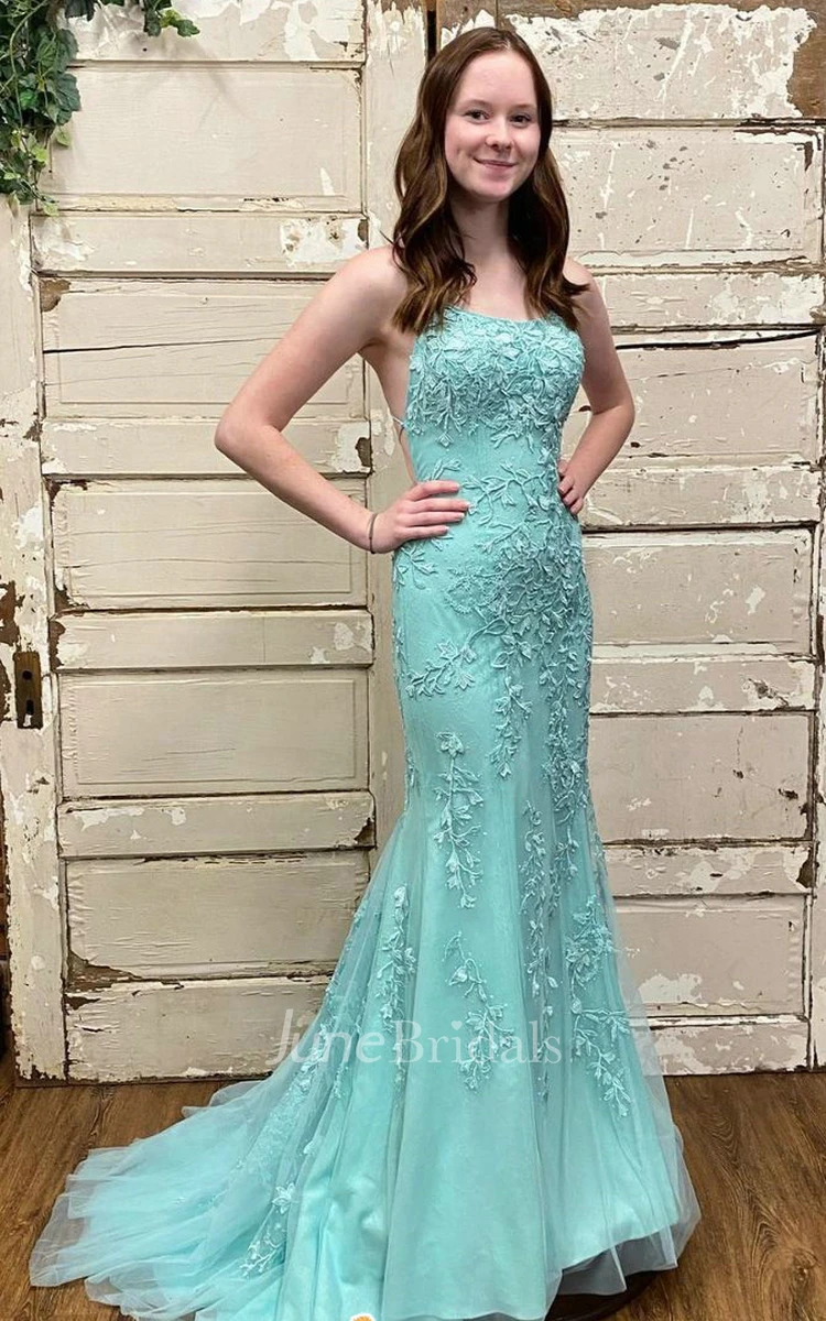 Simple Mermaid Spaghetti Lace Evening Dress With Open Back And Appliques