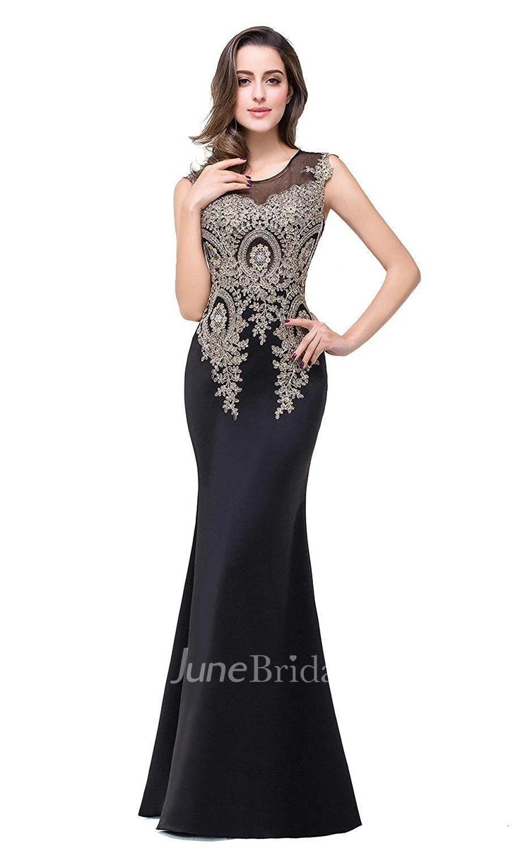 Sleeveless Floor-length Satin Dress with Lace Appliques