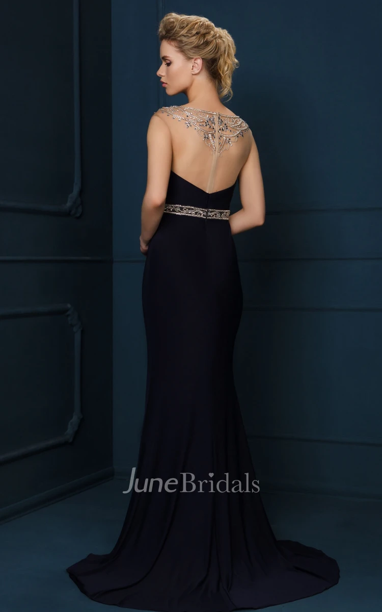 Cap Sleeve Jewel Neck Beaded Jersey Evening Dress