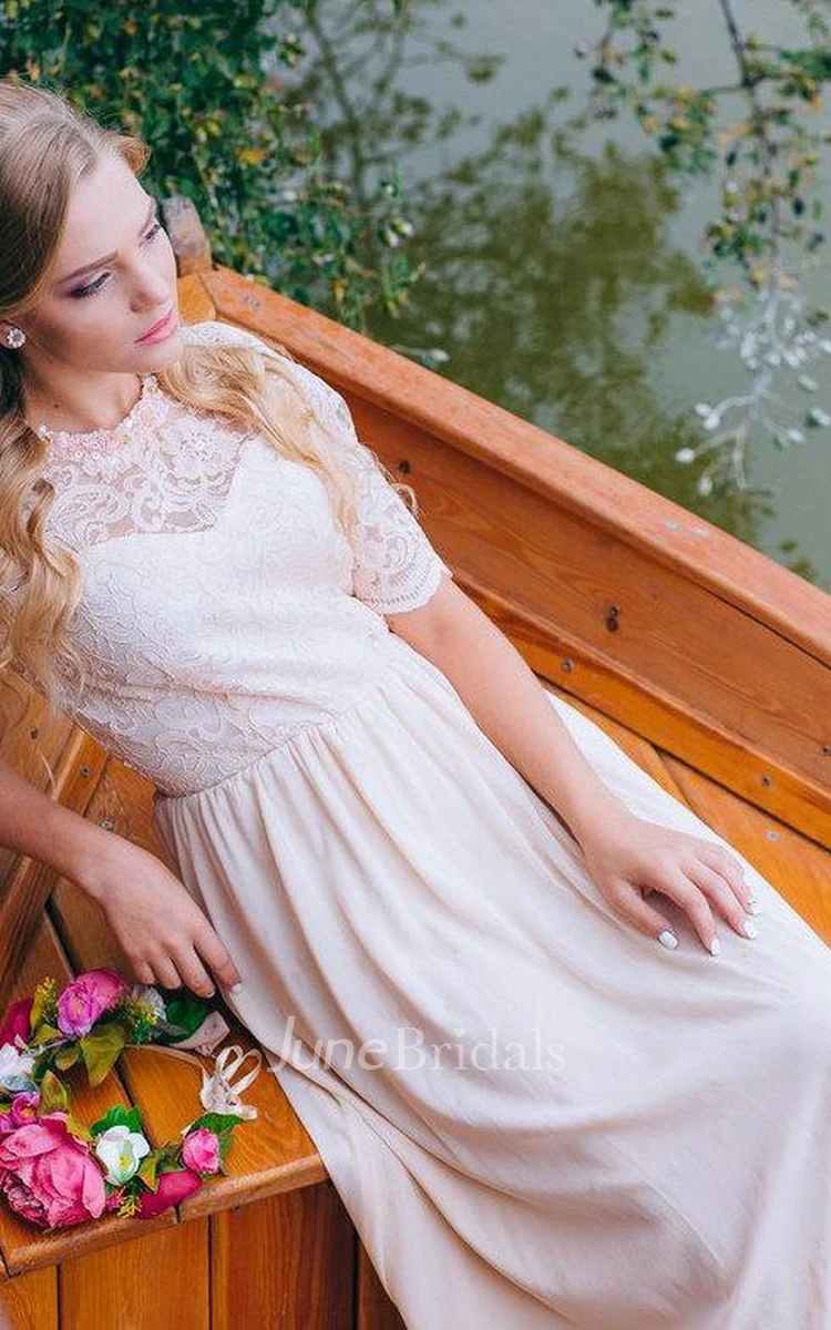 Boho Blush Ankle Length A-Line Chiffon Wedding Dress With Lace Bodice