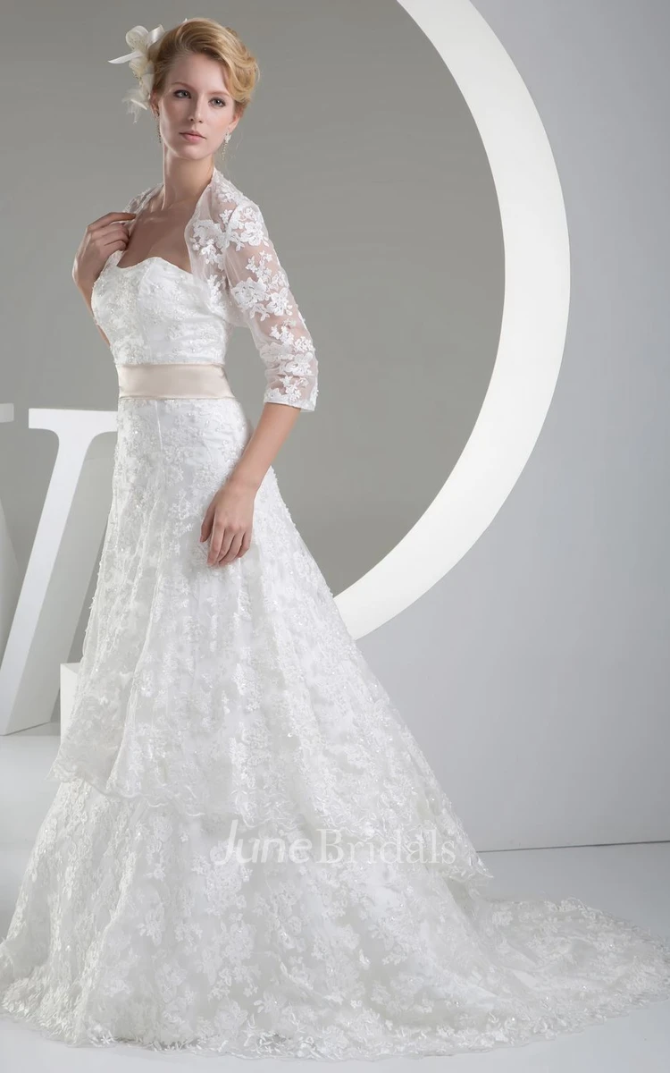 Strapless Lace A-Line Dress With Satin Waist and Bolero