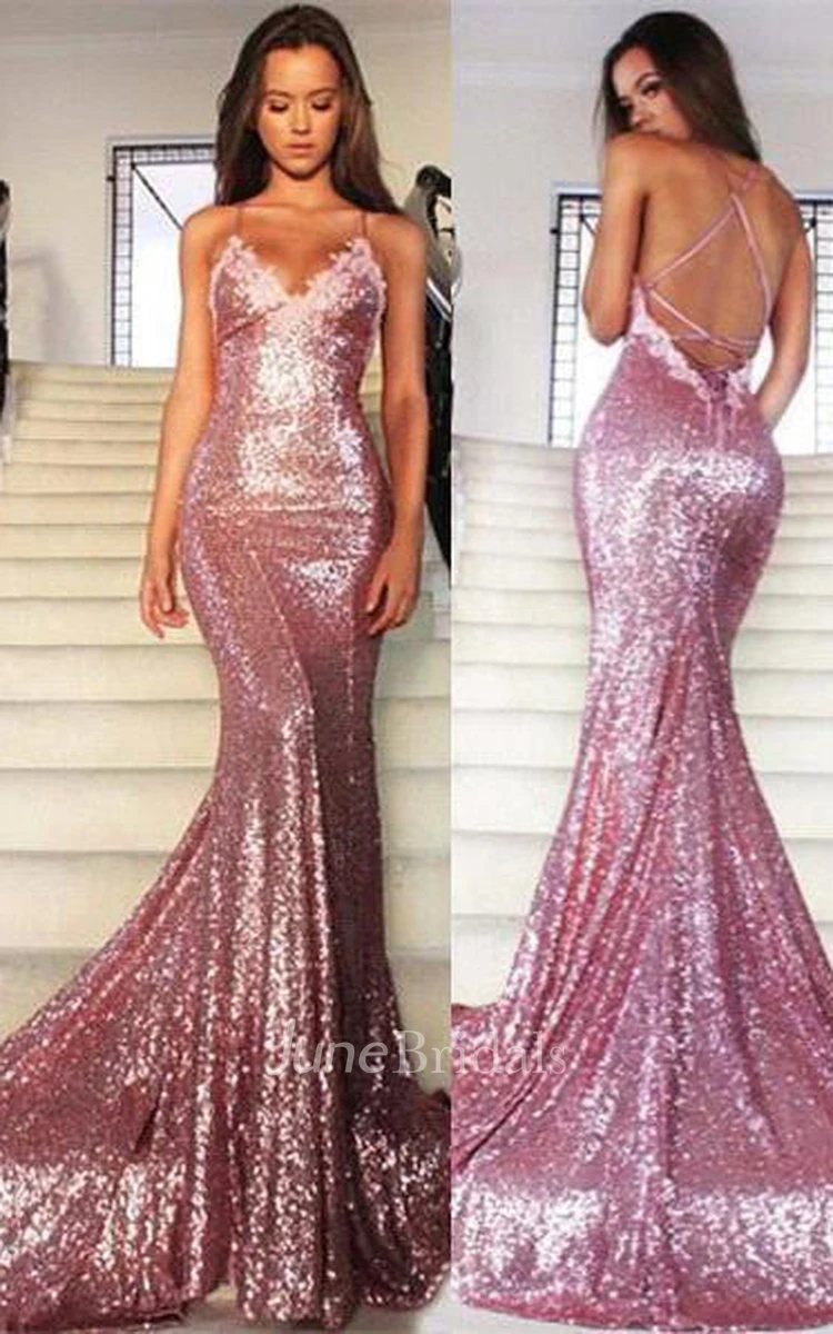 Glamorous Sequins V-Neck Prom Dresses Mermaid Spaghetti Straps Party Gowns