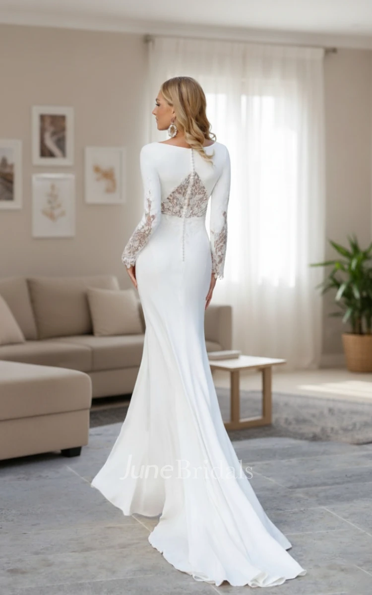 Modest Sheath Satin Long Sleeve Spring Wedding Dress Elegant Bateau Lace Solid Bridal Gown