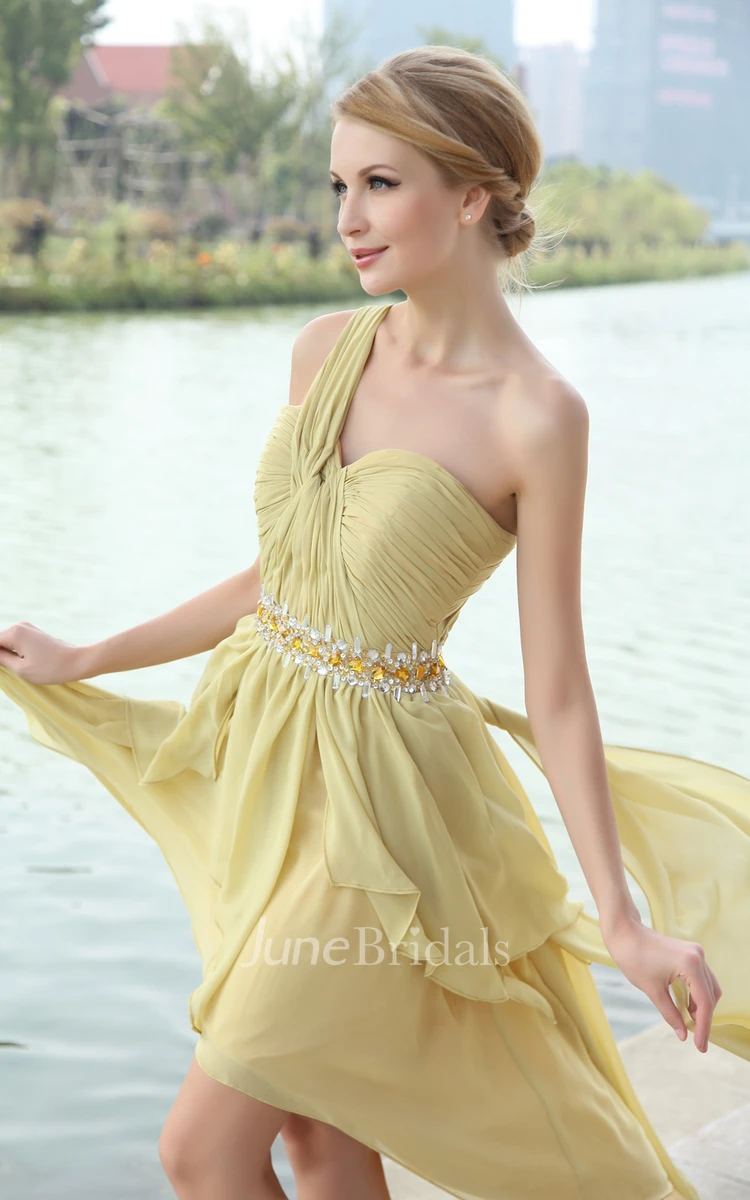 High-Low Asymmetrical One-Shoulder Dress With Beaded Waistband