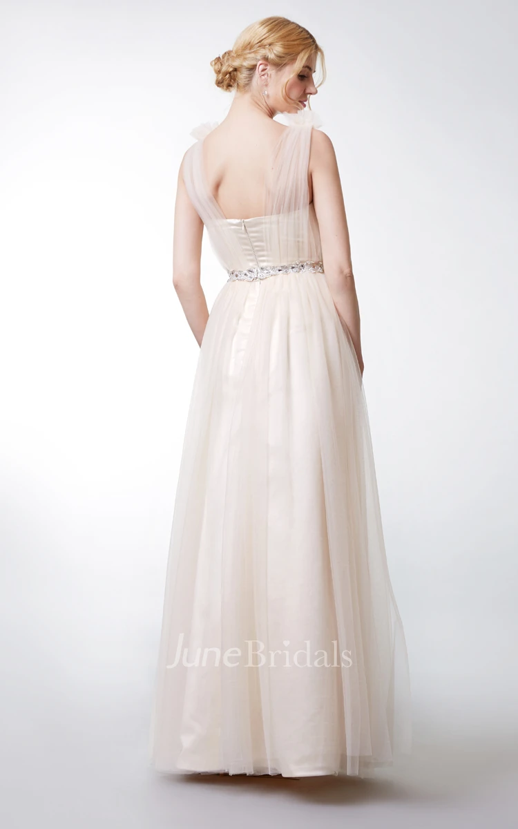 Floral Strap V-neck Tulle Gown With Ruching