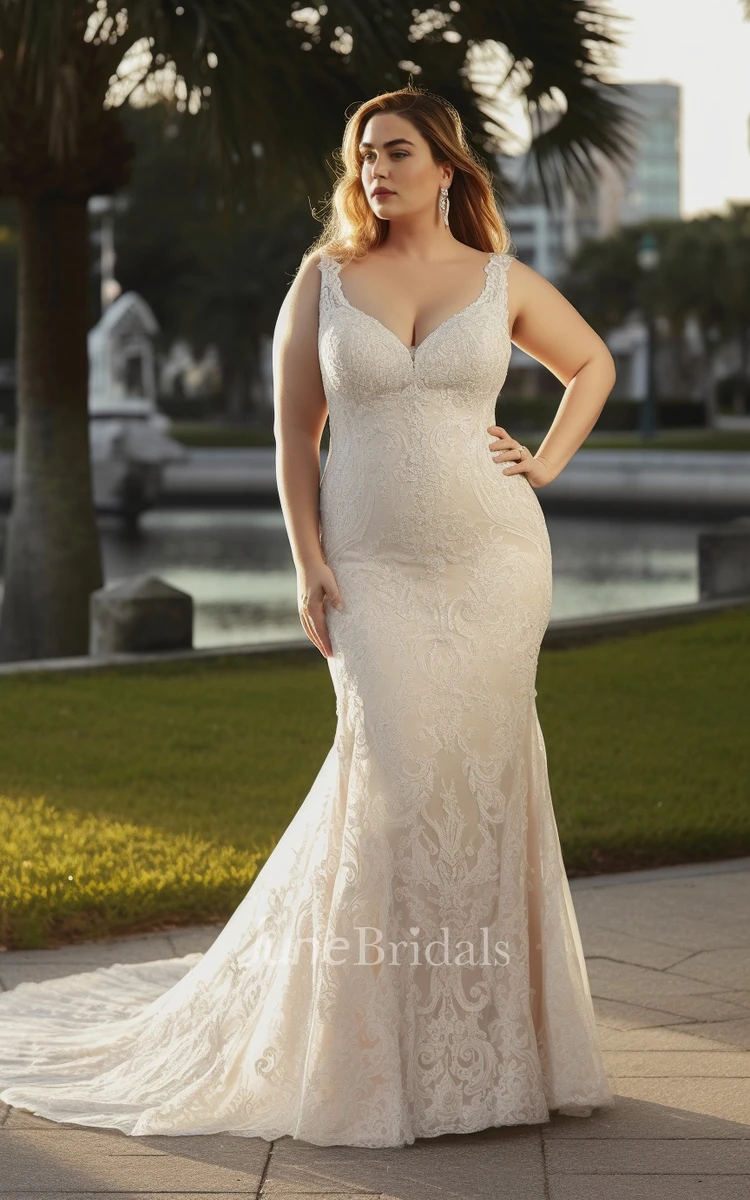 2024 Mermaid Plus Size Lace Tulle Sleeveless Wedding Dress V-neck Sexy Elegant Romantic Court Train Country Garden