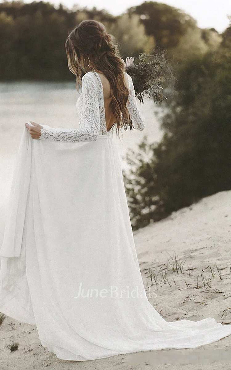 Vintage Country Boho Lace Long Sleeves Wedding Dress Flowy A-line V-Neck  Chiffon Bridal Gown with Deep-V Back and Sweep Train - June Bridals