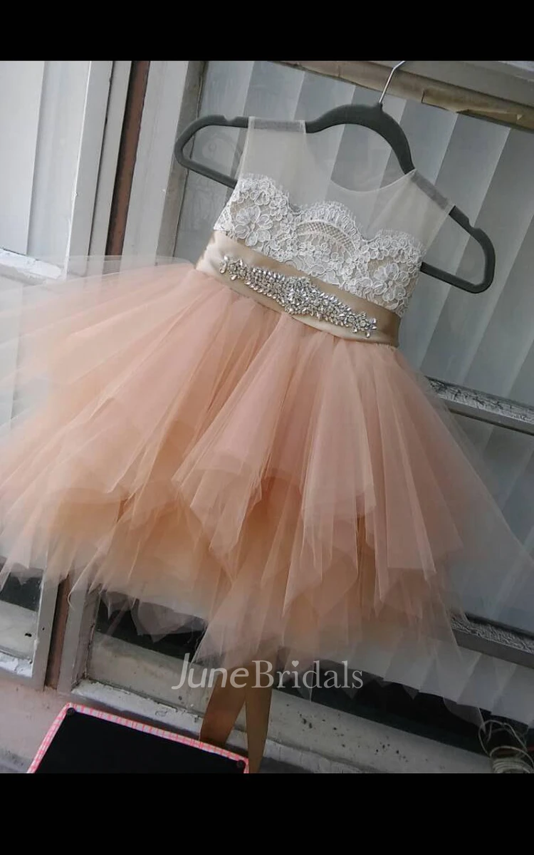 Tea-length Tulle&Lace Dress With Flower Beading Sash