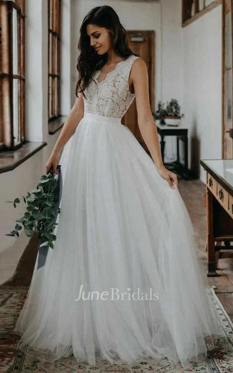 Country Rustic Boho Wedding Dress Elegant A Line Tulla Lace V-neck Open Back Floor Length Sleeveless Bridal Gown