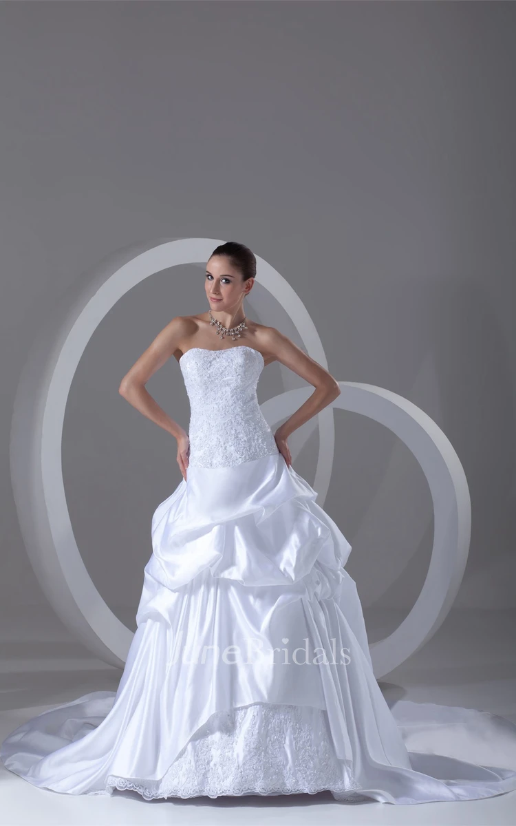 strapless ball pick-up gown with corset back and appliques