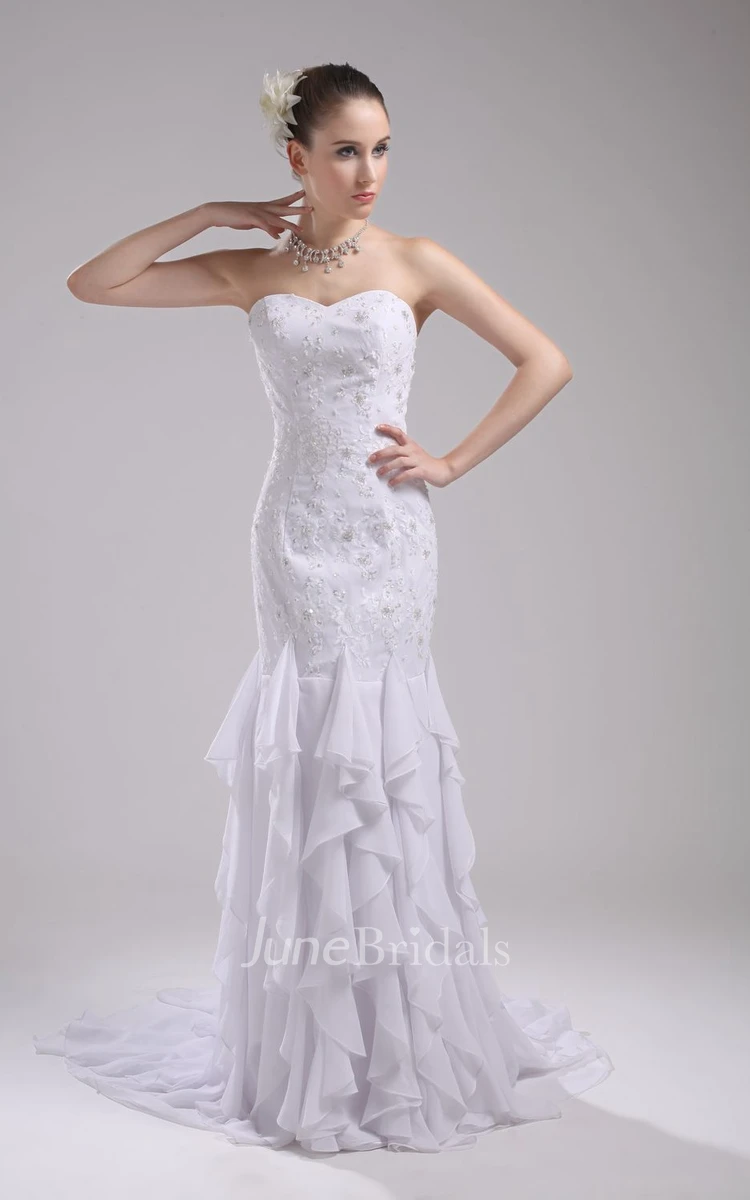 Strapless Sheath Dress With Beaded Bodice and Cascading Ruffles