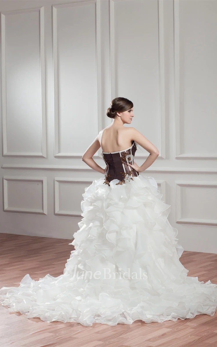 Strapless Appliqued Ball Gown with Flower and Cascading Ruffles