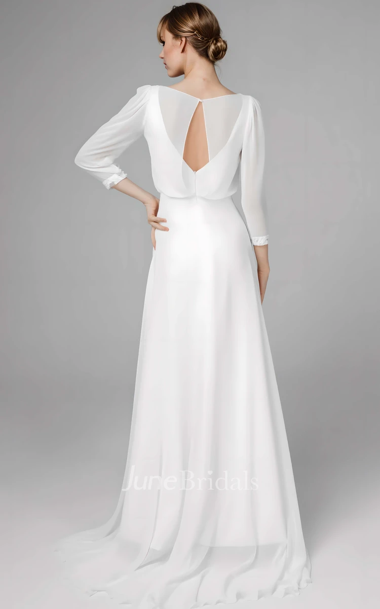 Simple Modest A-Line Long Sleeve Maxi Wedding Dress Elegant Country Garden Bateau Chiffon Bridal Gown