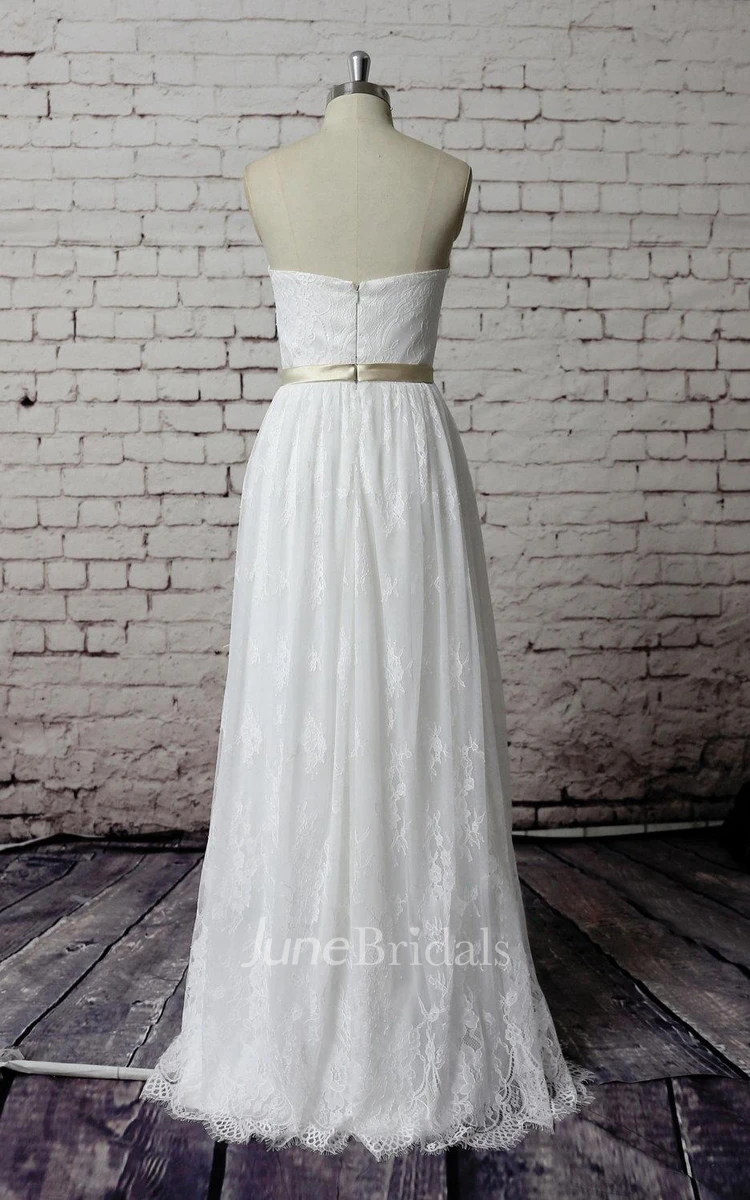 Sweetheart Long Lace Bridal Gown With Satin Belt