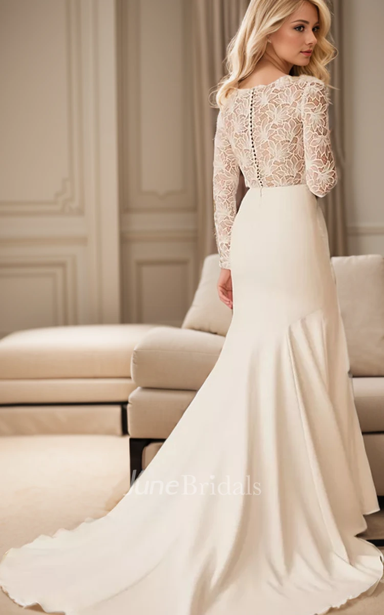 Elegant Sexy Long Sleeve Wedding Dress Luxury Mermaid Deep-V-neck Satin Gown with Sweep Train