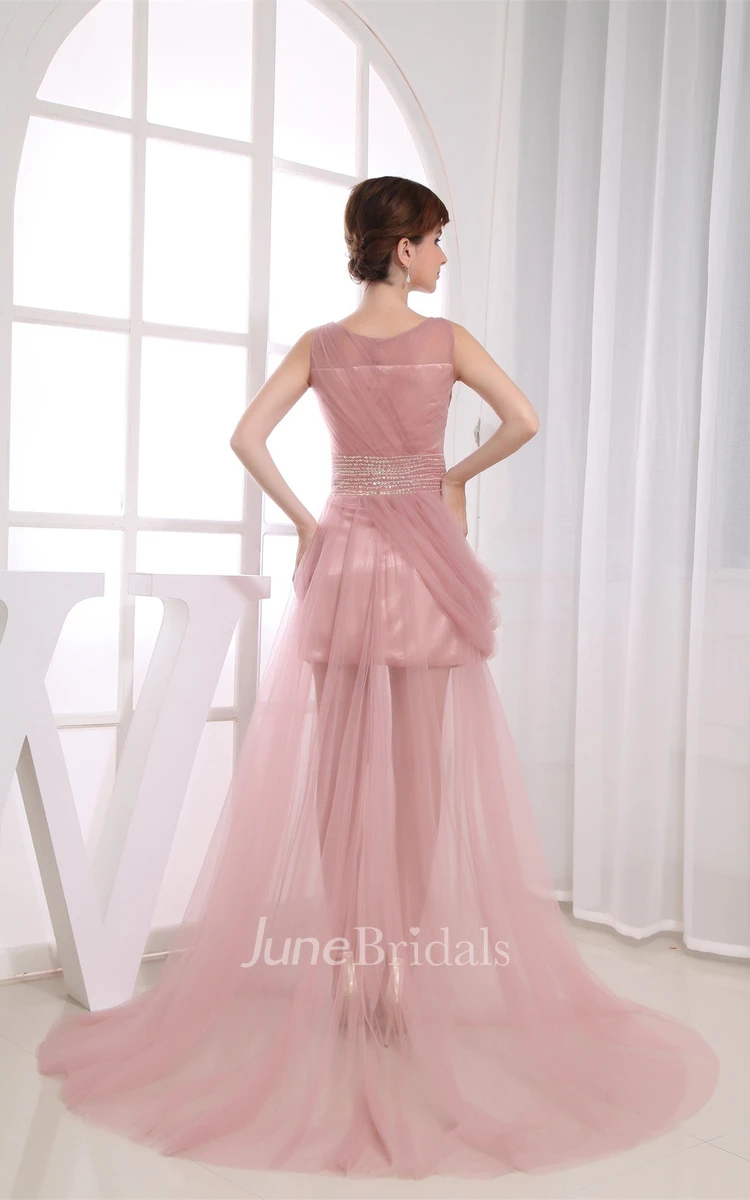Sleeveless V-Neck Tulle A-Line Dress with Ruching and Beaded Waist
