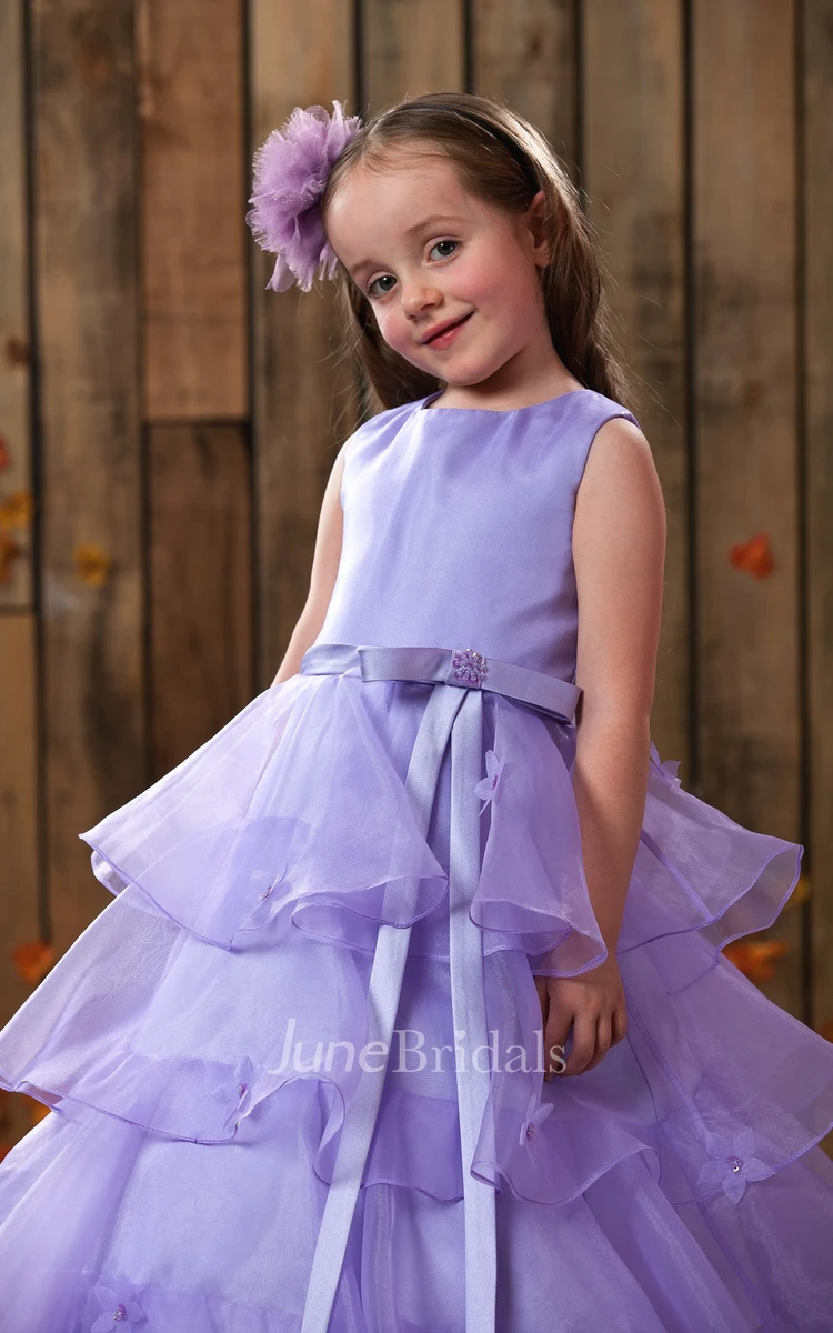 High-Neck Strapless Tiered Flower Girl Dress With Bow