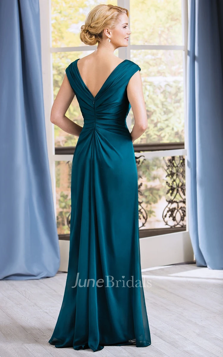 Pleated Cap-Sleeved V-Neck Long Dress with V-Back