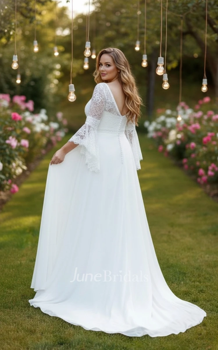 Bohemian Lace Bell Sleeve Plus Size Spring Wedding Dress Elegant A Line Flowy Chiffon Deep V-Neck Bridal Gown