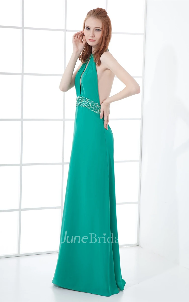 chiffon floor-length sleeveless dress with backless design and beaded waist