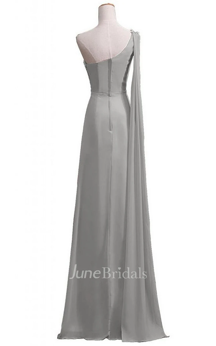 One-shoulder Long Chiffon Gown With Beaded Neckline