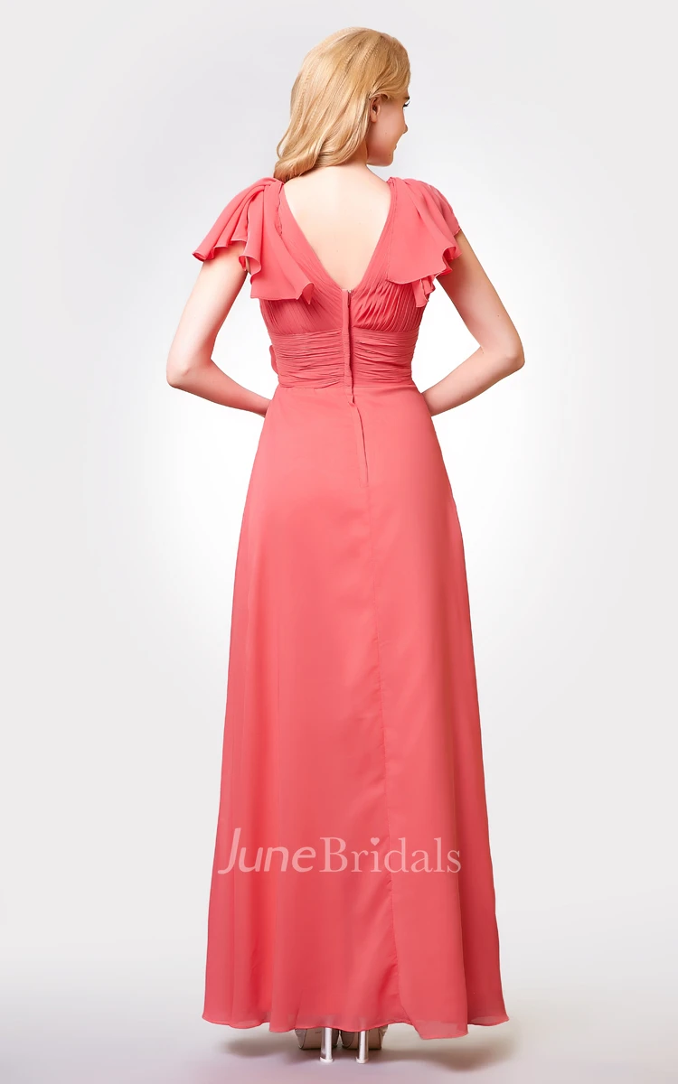 V-neck Ruched A-line Long Chiffon Dress With Flower