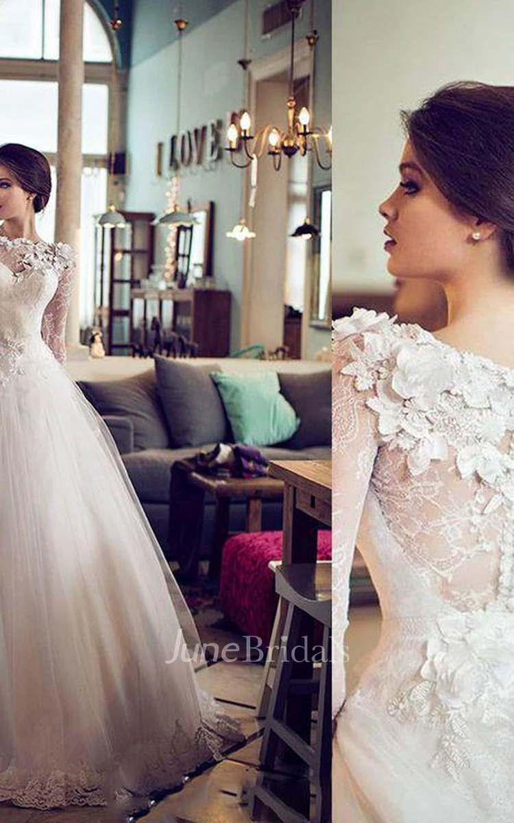 Elegant Bateau Long Sleeve Tulle Wedding Dress With Flowers Lace