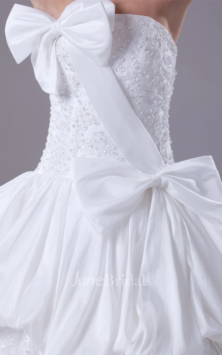 Strapless Pick-Up Tiered Ball Gown with Appliques and Bow