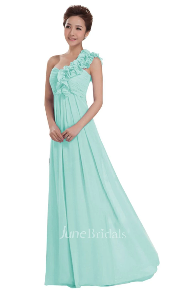 One-shoulder Long Chiffon Dress With Floral Strap