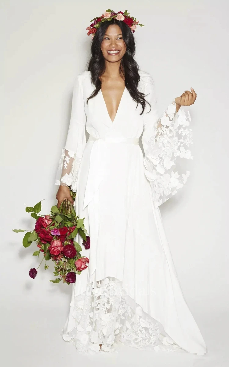 Modest Hippie Bohemian Wedding Dress Long Sleeve V Neck Lace Beach