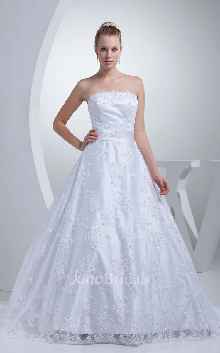 Strapless A-Line Floor-Length Dress With Bow and Appliques