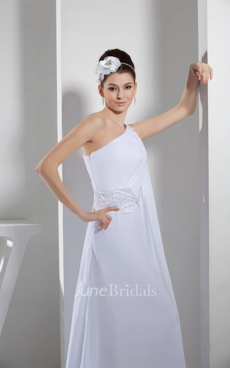 Side Draping One-Shoulder A-Line Dress with Beadings and Brush Train