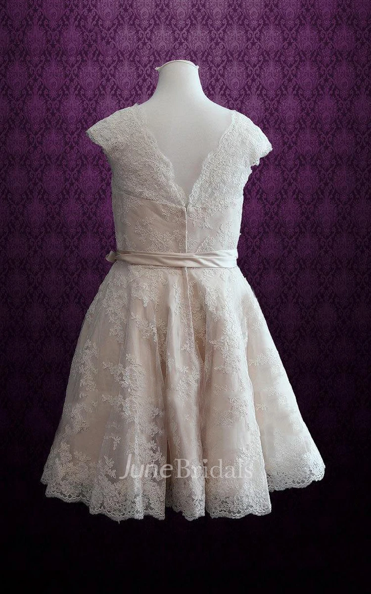 V-Neck Cap Sleeve Lace Dress With Sash And Bow