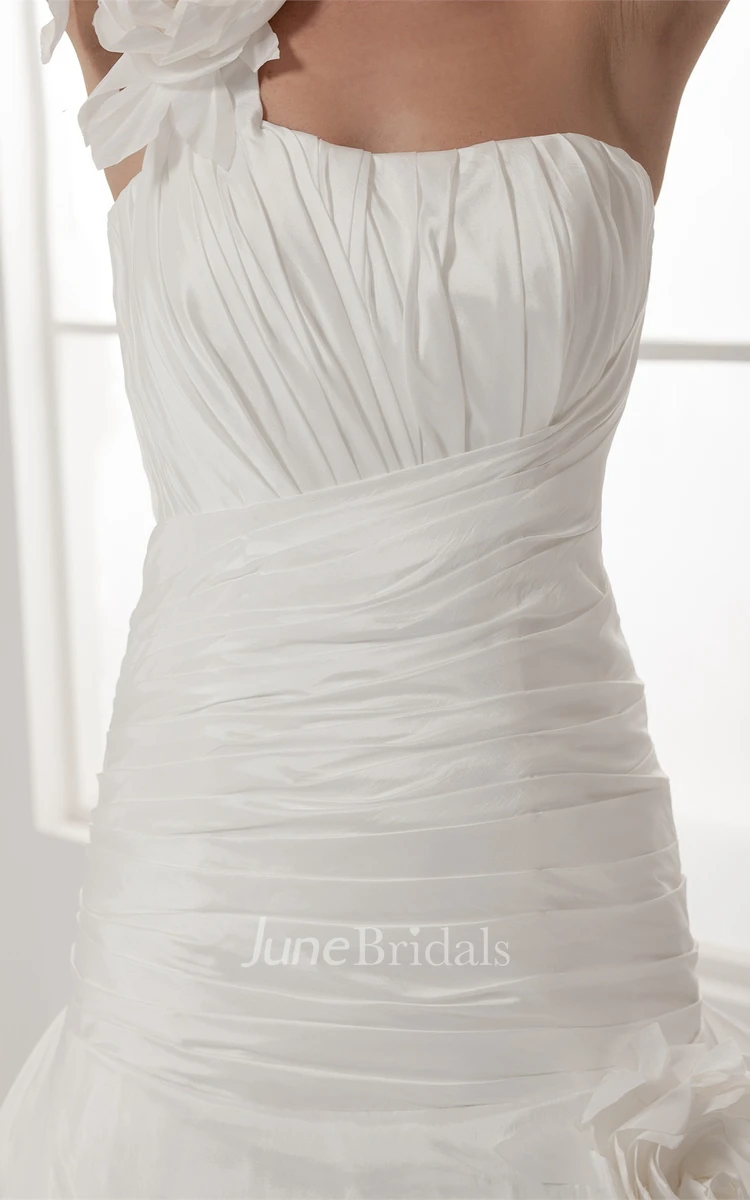 One-Shoulder Ruched A-Line Gown with Flower and Single Strap