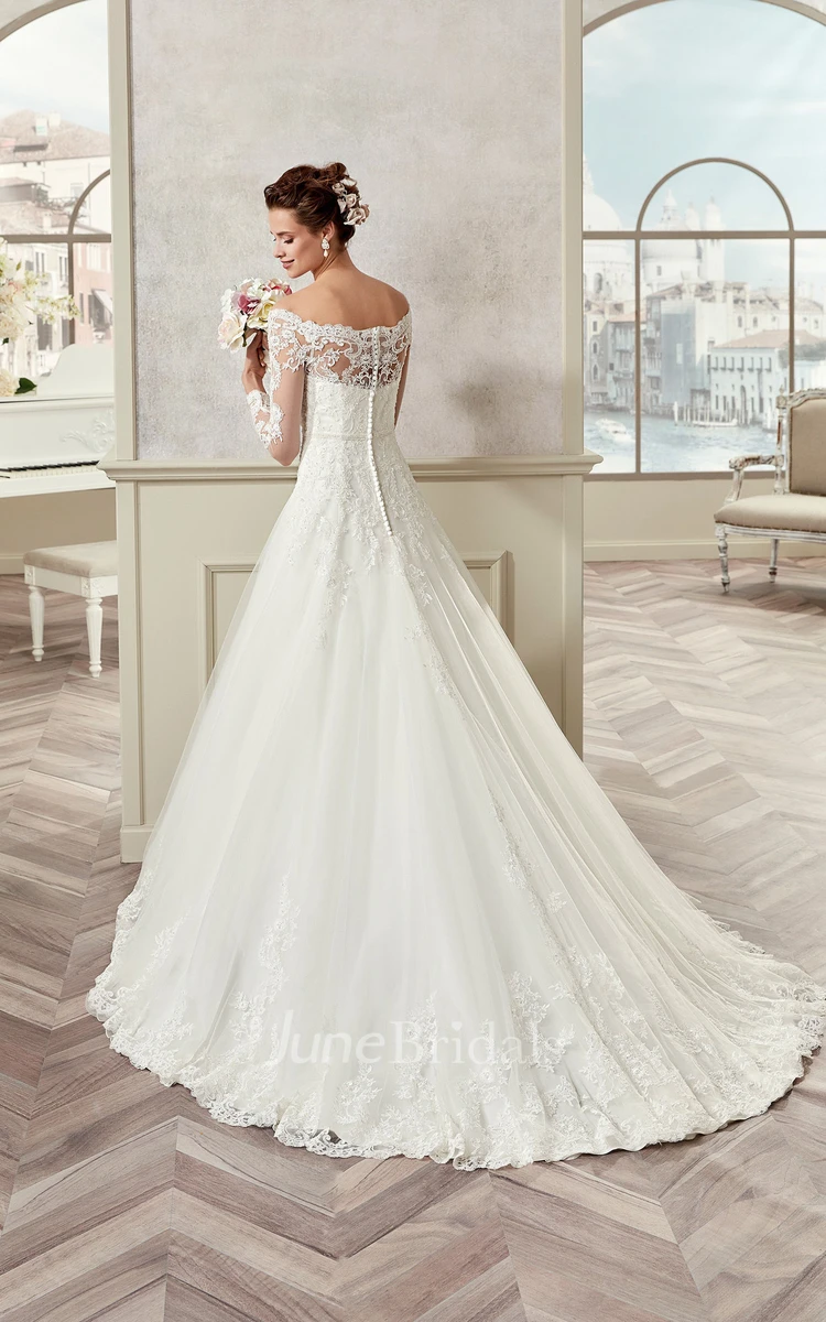 Off-Shoulder Long-Sleeve A-Line Bridal Gown With Illusive Design And Brush Train