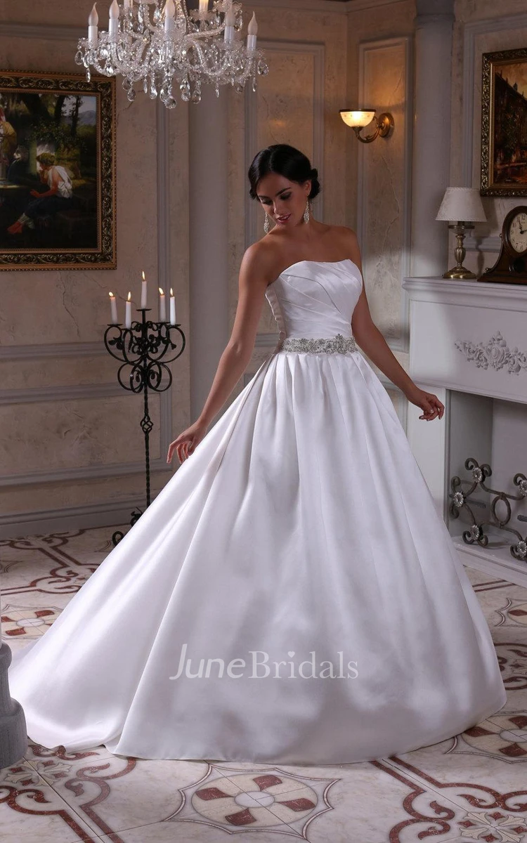 Strapless Satin Ball Gown With Ruching and Beading