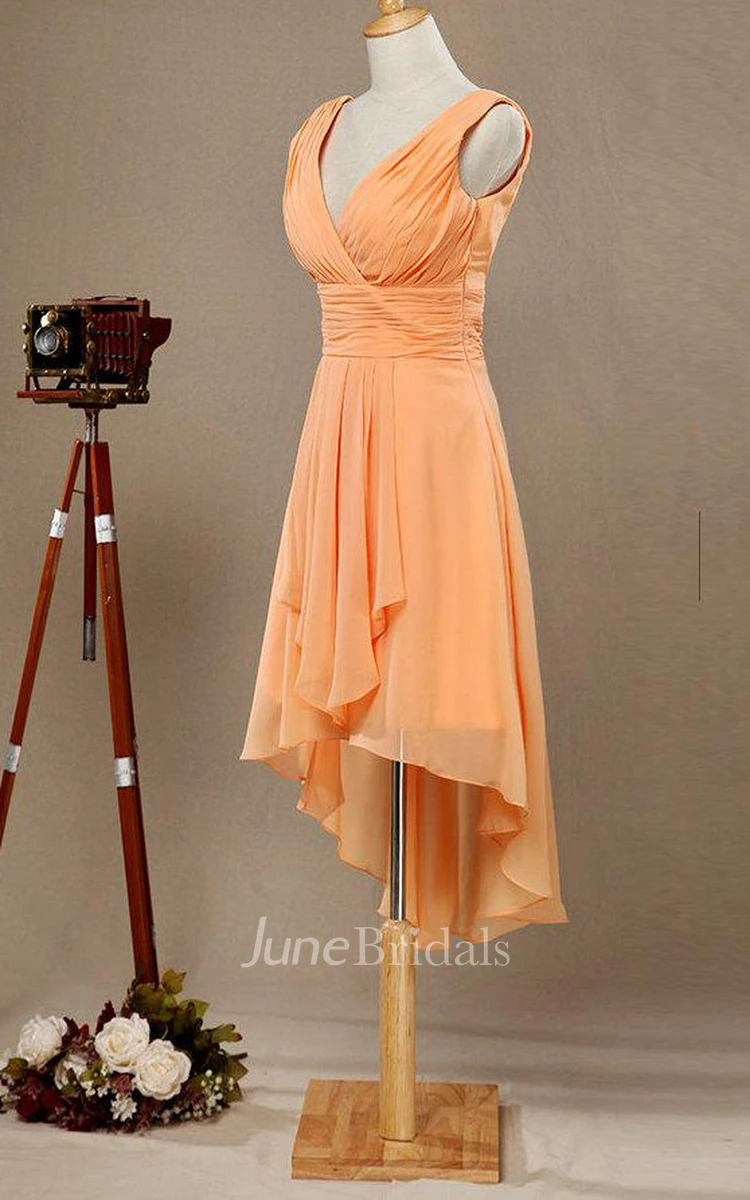 V-neck High Low Bridesmaid Dress With Draping