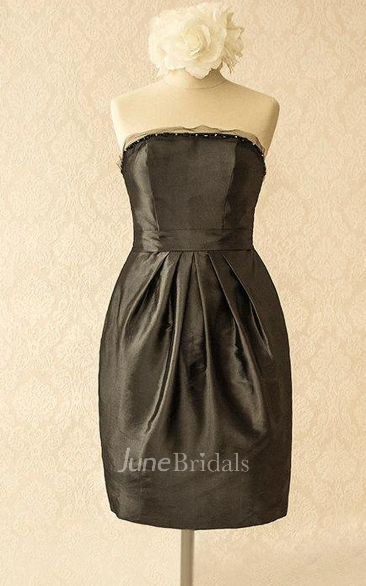 Knee-length Strapless Tulle&Satin&Taffeta Dress With Beading