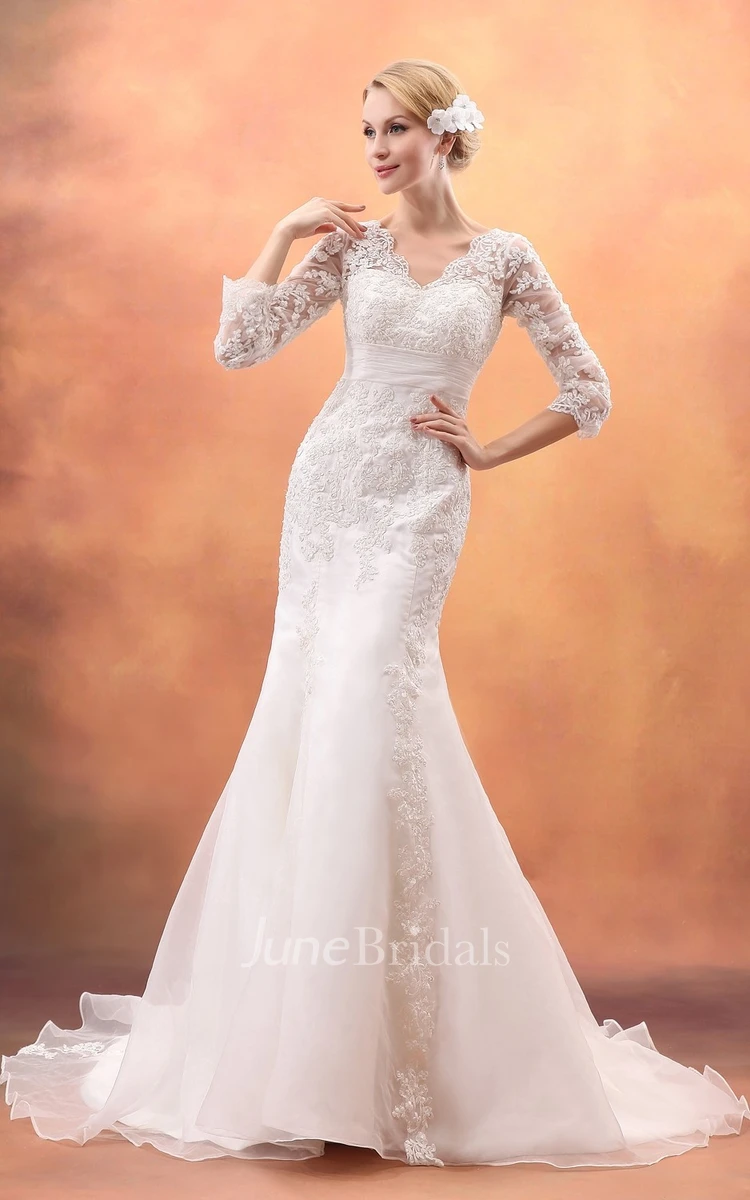 3 4 Sleeved Trumpet Gown With Lace Illusion Bodice