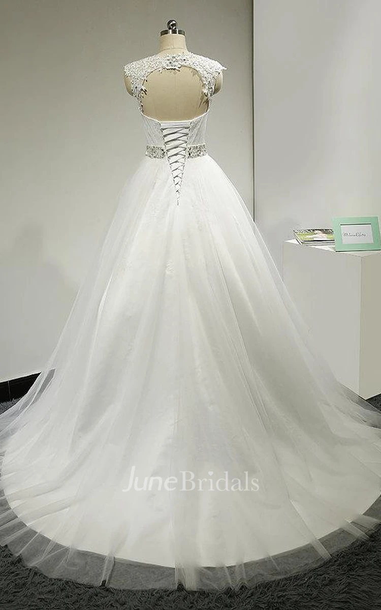 Ball Gown Cap Sleeve Backless Tulle Lace Satin Dress With Beading