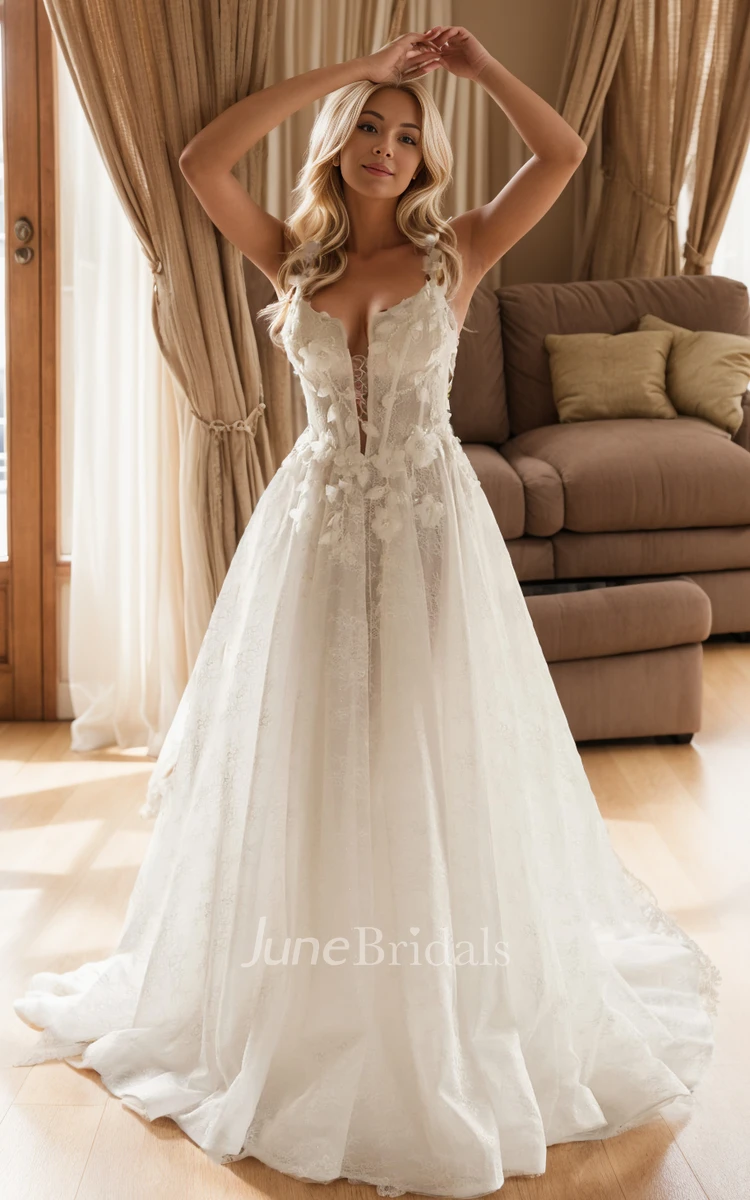 Ethereal Elopement A-Line Plunging Neck Lace Wedding Dress Romantic Floral Sleeveless Backless Bridal Gown