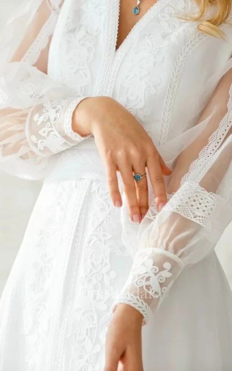 Elegant Floor-length Long Sleeve Chiffon A Line Zipper Wedding Dress with Ruching