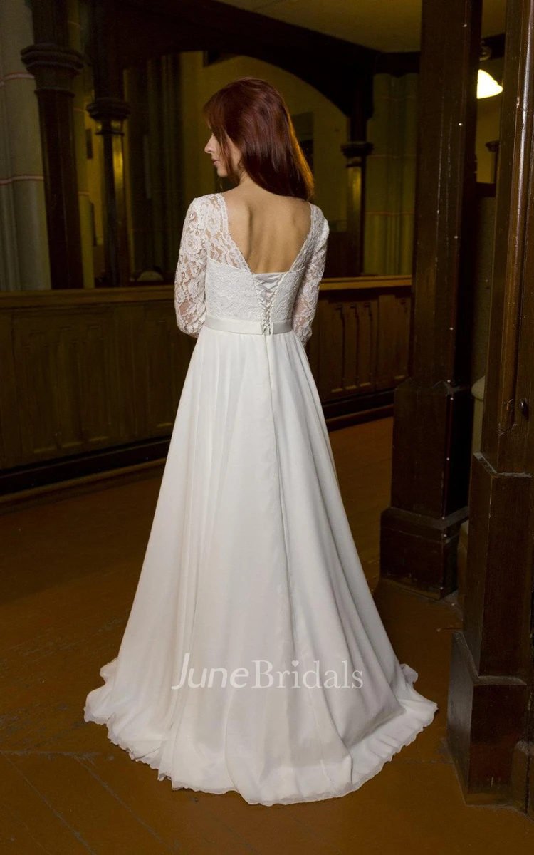 Bateau Neck Long Sleeve Chiffon Wedding Dress With V-Back Cutout