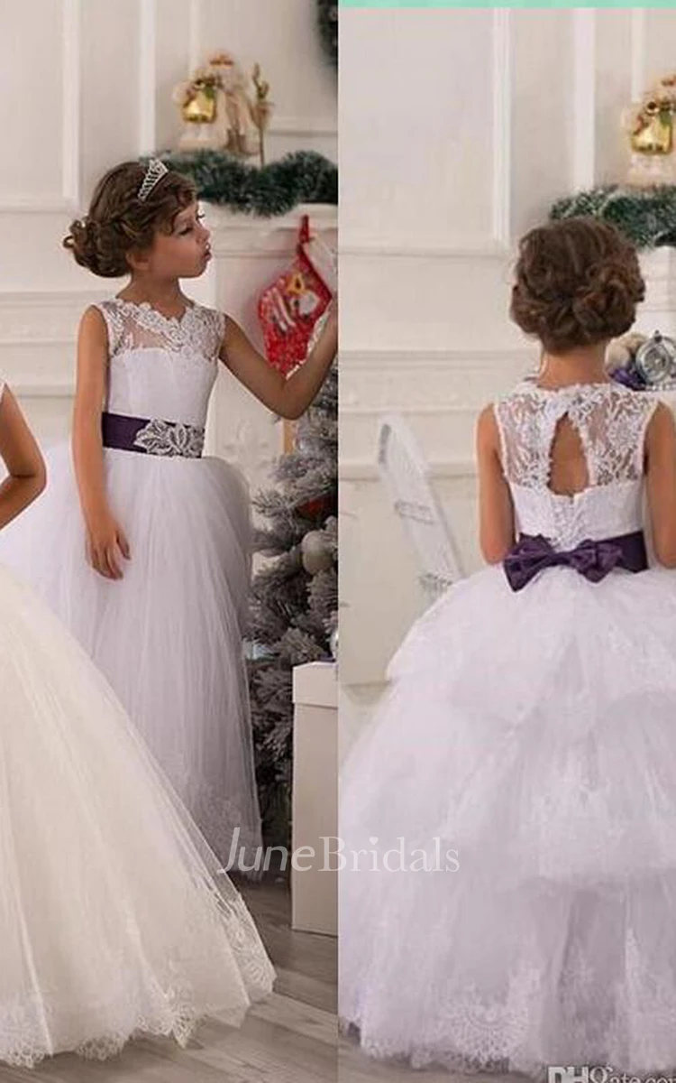 Modern Illusion Sleeveless Tulle Flower Girl Dress With Lace Appliques