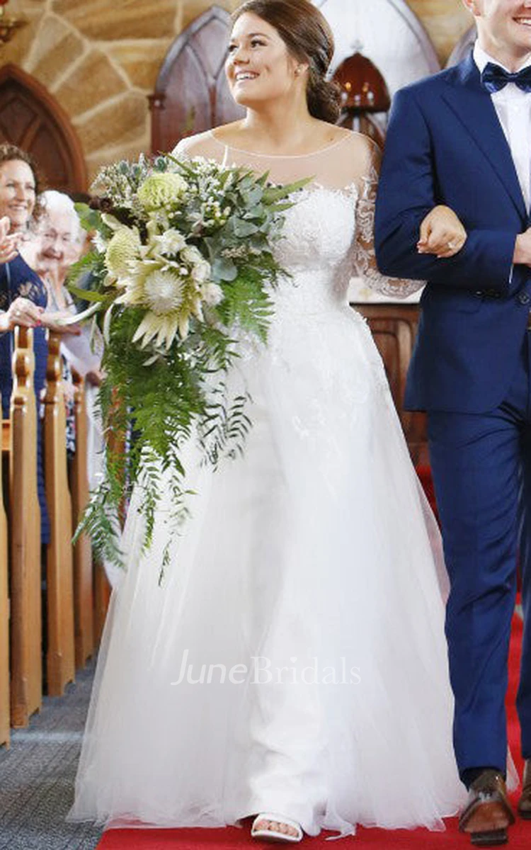 Modest Plus Size Long Sleeve Lace A Line Illusion Wedding Dress with Appliques