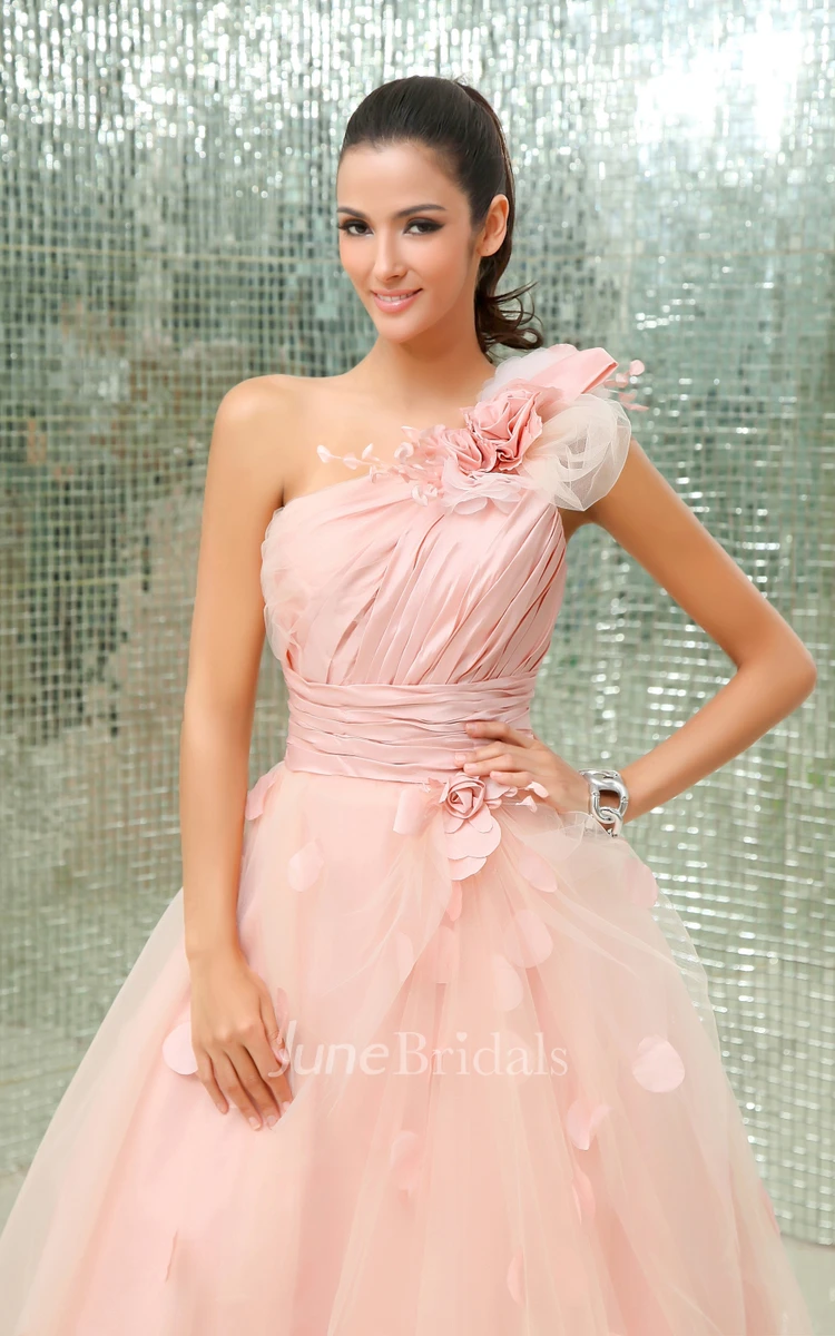 Asymmetrical One-Shoulder Floral A-Line Ball Gown With Soft Tulle