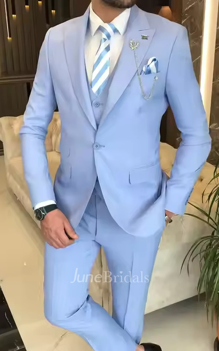 Modern Blue Single-Breasted 2-Piece Suit for Men with Peaked Lapel and Casual Slim Fit