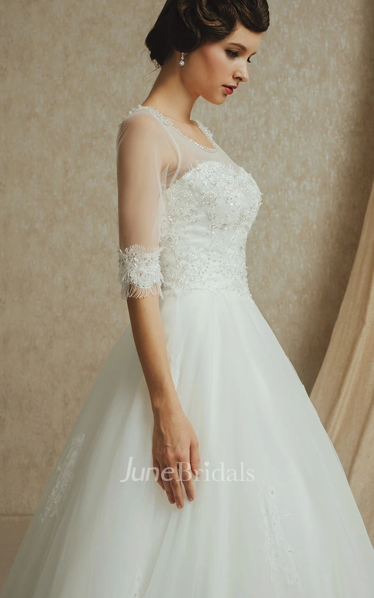 Noble 3 4 Sleeve A-line Organza and English Net Gown With Beading